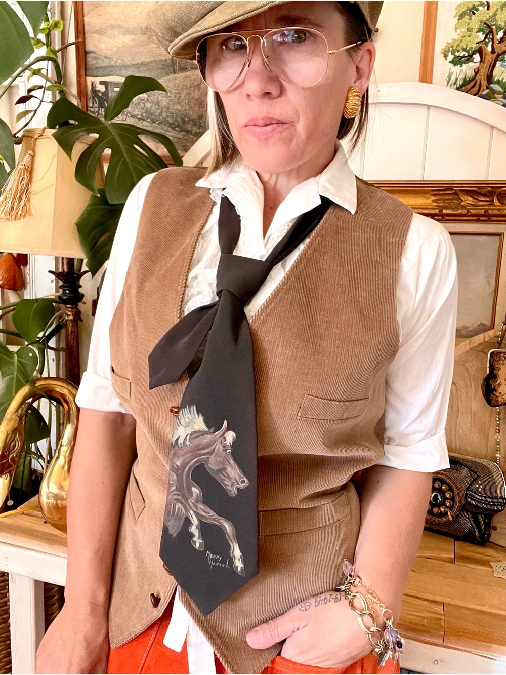 Vintage OOAK Hand Painted Cowboy Poetry Merry Hansel Design Horse Neck Tie